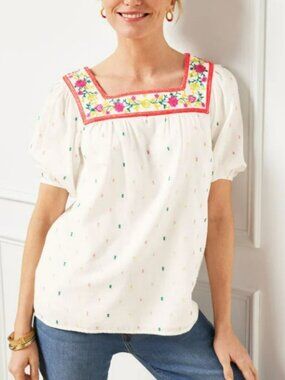 Talbots Cotton Embroidered Boho Square-Neck Top Size XL